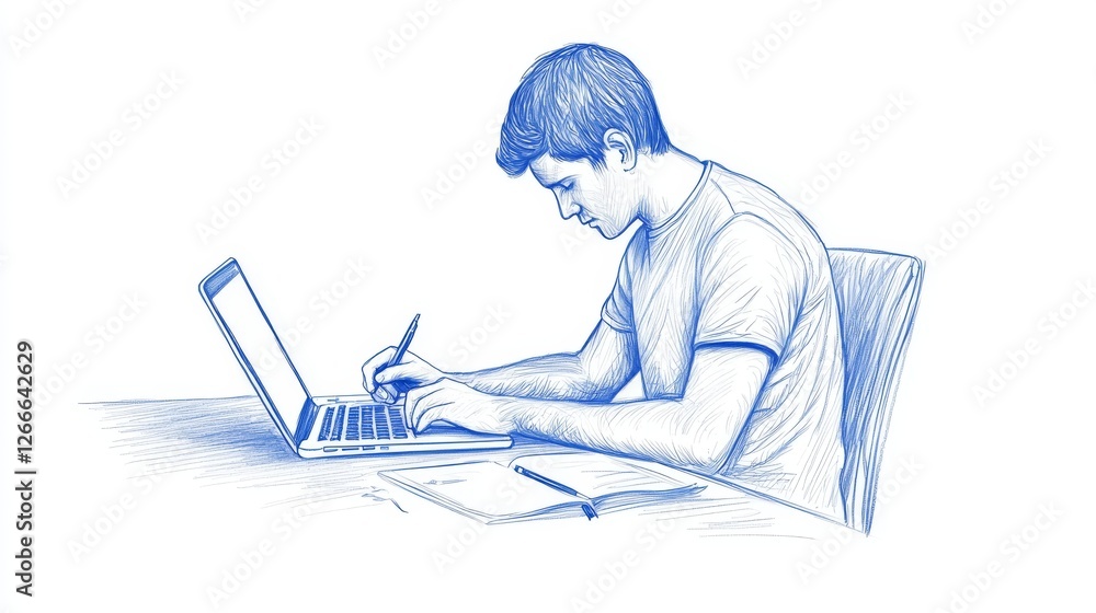 Poster man working remotely on laptop, focused on productivity and online tasks