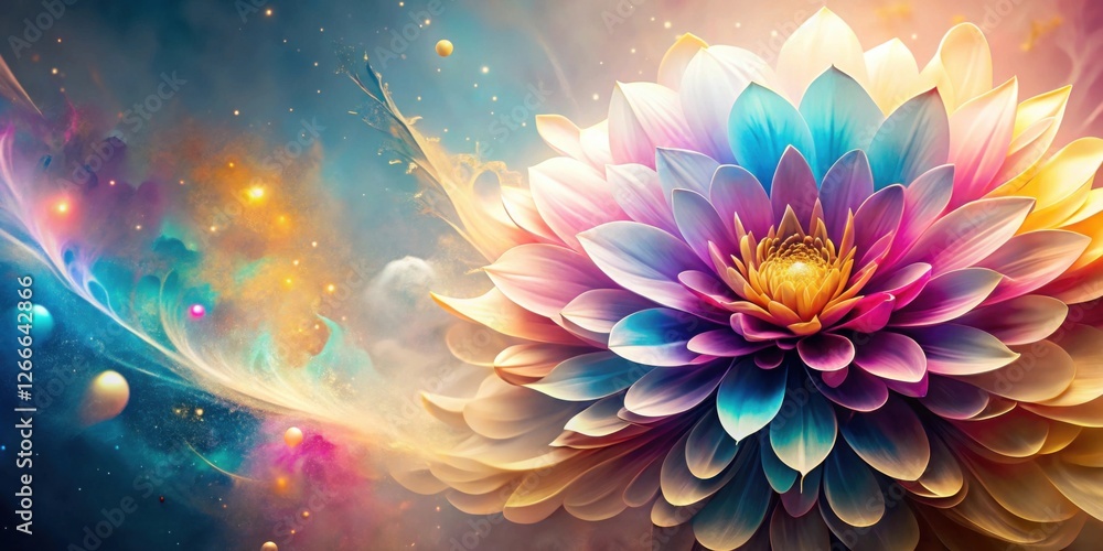 Poster cosmic bloom a vibrant, iridescent flower unfolds against a backdrop of swirling nebulae and glitter