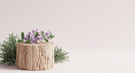 Tree stump with purple flowers on a white background, representing nature, spring, and organic beauty.

