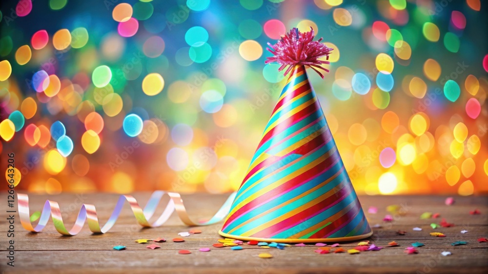 Poster a festive party hat resting on a wooden surface with colorful confetti and ribbon, backlit by a blur