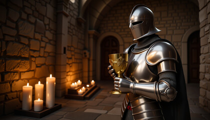 Fototapeta premium Knight in armor holding Holy Grail in candlelit hall