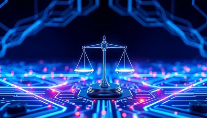 A glowing justice scale stands on a futuristic circuit board, symbolizing the intersection of law, technology, and digital ethics in a high-tech, cyber-driven world.