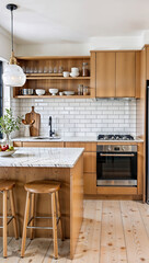 Modern Scandinavian Kitchen with Wooden Cabinets and White Subway Tiles – Minimalist Home Design