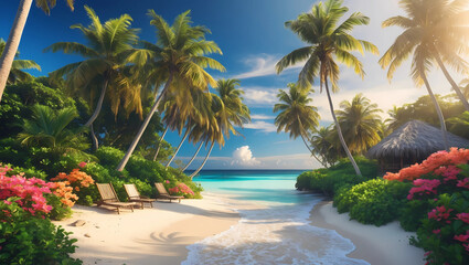 Fototapeta premium Hidden Paradise Beach with Majestic Palm Trees, Turquoise Waves, and Tropical Flowers Under a Bright Blue Sky