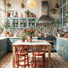Charming Rustic Kitchen with Floral Tiles and Wooden Accents - Warm & Inviting Farmhouse Decor