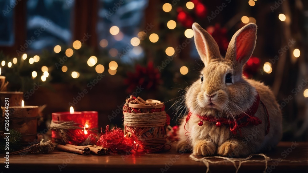 Wall mural A festive rabbit sits among holiday decorations, creating a cozy winter atmosphere.