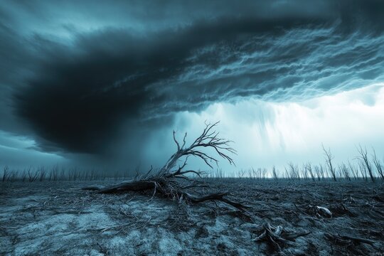 A fallen tree in a desolate landscape under a menacing, dark storm cloud.