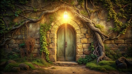 Ancient stone door with mysterious keyhole emitting a warm light