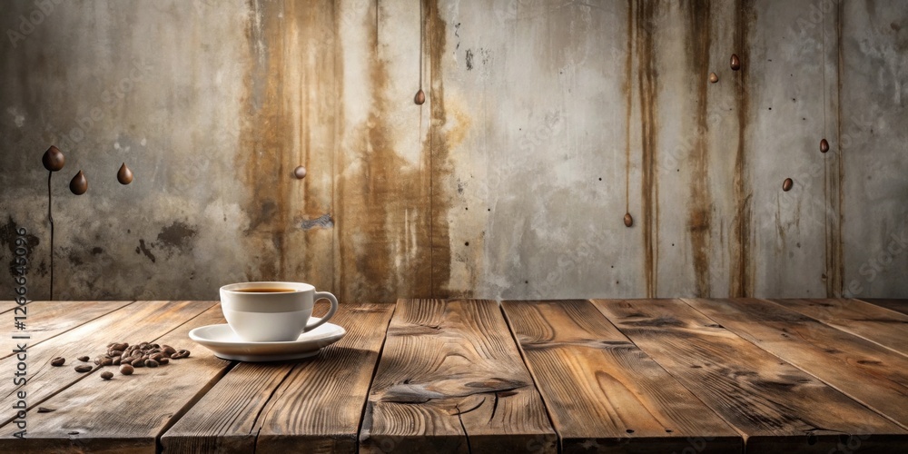 Poster aromatic coffee in rustic setting wooden table with coffee cup and beans against weathered wall