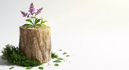 Tree stump with purple flowers on a white background, representing nature, spring, and organic beauty.

