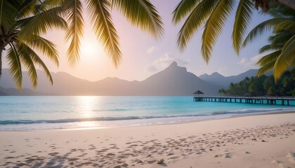 Obraz premium A dreamy tropical beach at dawn, with the first golden rays of sunlight reflecting on the calm turquoise waters, The soft white sand is untouched, except for a few scattered seashells, Palm trees.