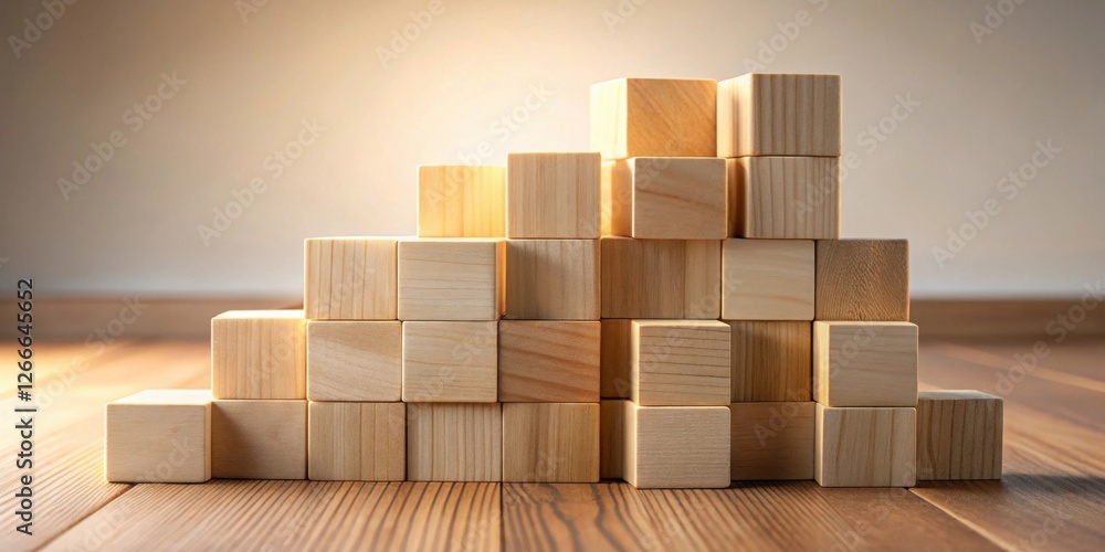 Poster Wooden blocks forming an ascending structure on a wooden surface, illuminated by soft light