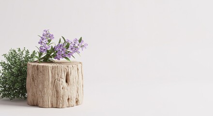 Tree stump with purple flowers on a white background, representing nature, spring, and organic beauty.


