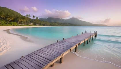 Obraz premium A dreamy tropical beach at dawn, with the first golden rays of sunlight reflecting on the calm turquoise waters, The soft white sand is untouched, except for a few scattered seashells, Palm trees.