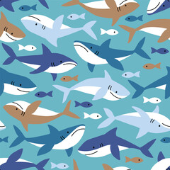 Seamless vector pattern with cute sharks and tiny fishes. Hand drawn underwater sealife illustration. Perfect for textile, wallpaper or print design. EPS10 vector file.