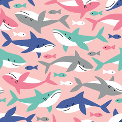 Seamless vector pattern with cute sharks and tiny fishes. Hand drawn underwater sealife illustration. Perfect for textile, wallpaper or print design. EPS10 vector file.