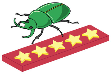   A colorful toy with a green, plastic beetle on top and a red, plastic bar with five yellow star shapes underneath. The beetle has black antennae and legs. The toy is set against a plain white backg