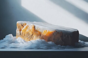 Abstract art depicting a rock formation resembling a mountain, partially submerged in icy water,...