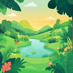 Fototapeta premium Serene Landscape with Lush Greenery and Gentle River at Sunset