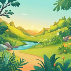 Fototapeta premium Serene Nature Landscape with Lush Greenery and Gentle River Flow