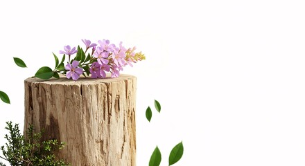 Tree stump with purple flowers on a white background, representing nature, spring, and organic beauty.

