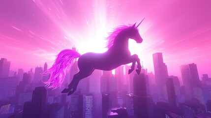 Magical Unicorn Leaps Over City Skyline at Sunset