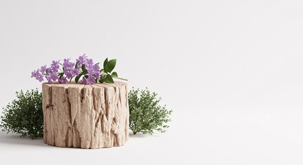 Tree stump with purple flowers on a white background, representing nature, spring, and organic beauty.

