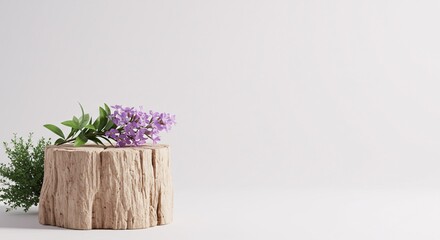 Tree stump with purple flowers on a white background, representing nature, spring, and organic beauty.

