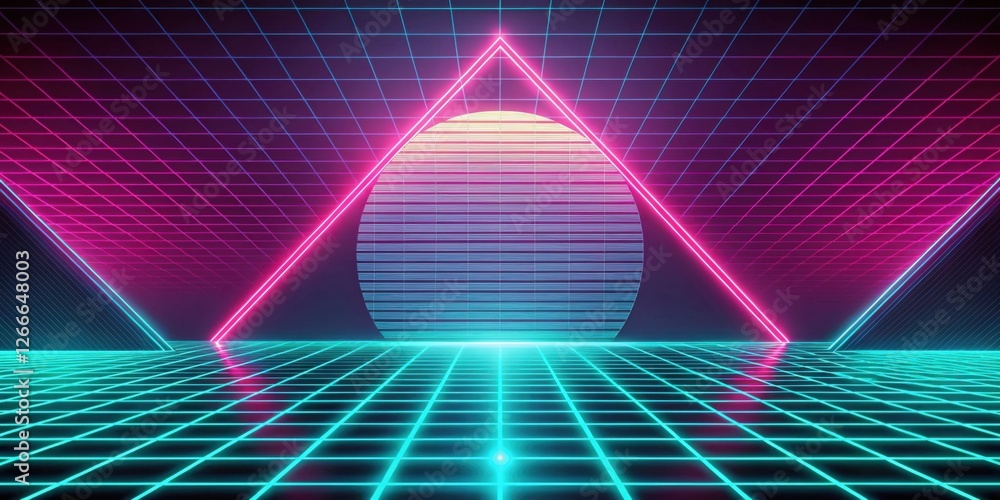 Poster retro futuristic synthwave grid landscape with vibrant neon lights and geometric shapes