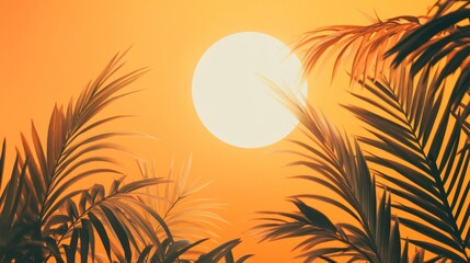 Obraz premium A serene sunset with silhouetted palm leaves against a vibrant orange sky.