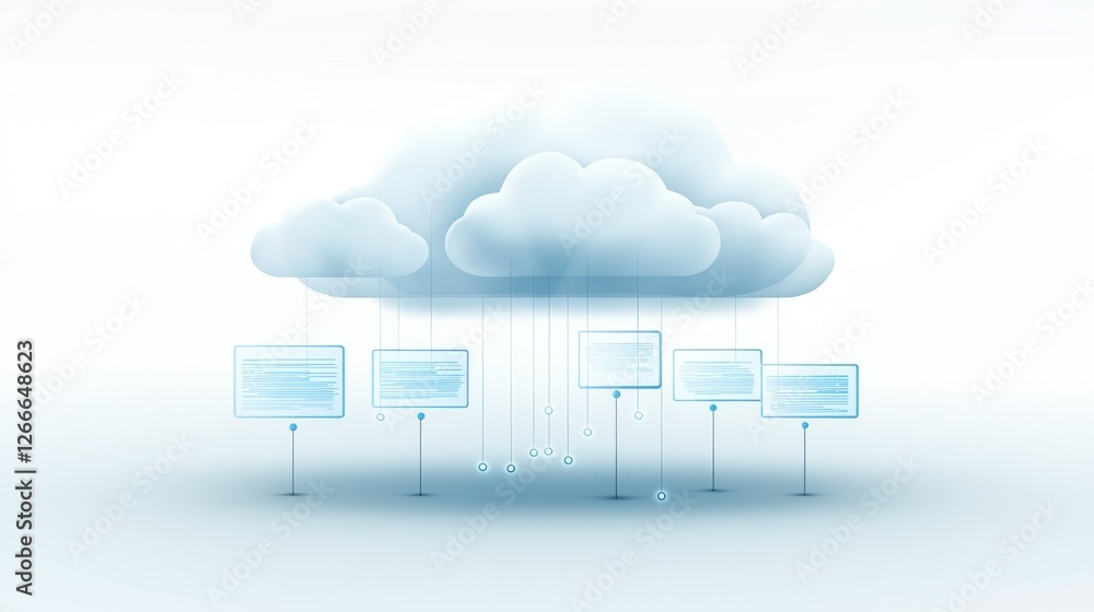 Poster cloud computing concept illustration, exploring network, data storage, server infrastructure and onl