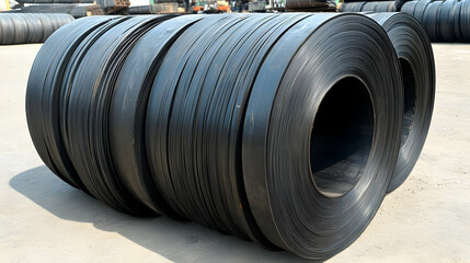 Steel coils stacked outdoors