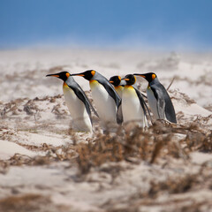 King Penguins (Aptenodytes patagonicus) making their way from the beach to a colony.  Square Composition