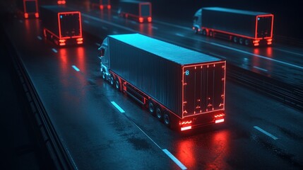 Autonomous trucks driving on a highway at night