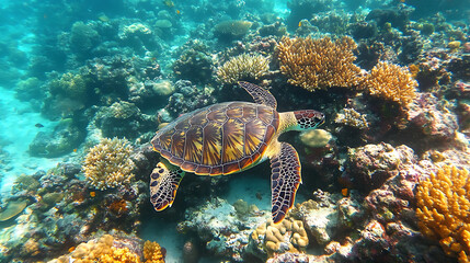 Obraz premium A vibrant coral reef teeming with colorful fish, sea turtles, and other marine creatures swimming gracefully in crystal-clear water 