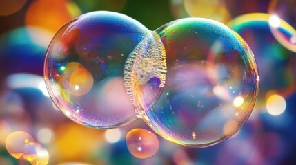 Two iridescent soap bubbles merge against a colorful, blurred background.