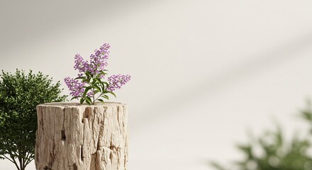 Tree stump with purple flowers on a white background, representing nature, spring, and organic beauty.

