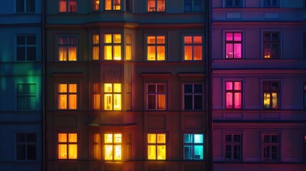 A vibrant night scene of an apartment building with colorful illuminated windows.