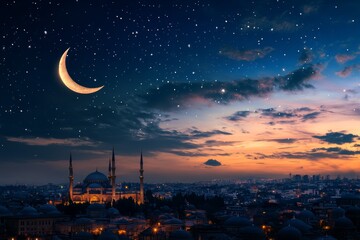 Fototapeta premium Crescent moon over city mosque at twilight