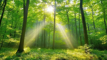 Sunbeams Streaming Through Lush Green Forest