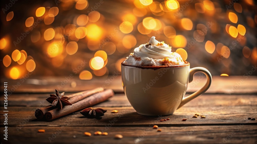 Poster warm beverage with whipped cream and spices on rustic wooden surface against a bokeh background