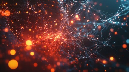 Obraz premium Abstract representation of interconnected nodes and glowing particles in a digital space.