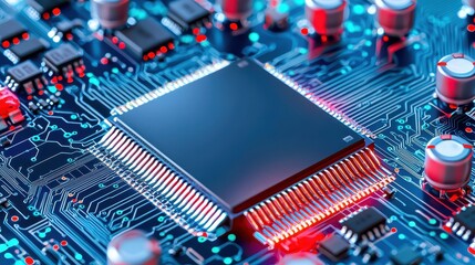 Intricate closeup, exploring the complex circuitry and components of a computer chip