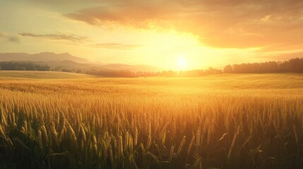 Fototapeta premium A serene sunset over a golden wheat field, capturing the beauty of nature.