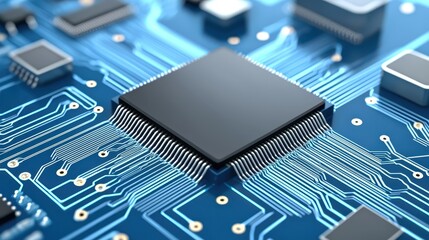 Closeup, computer chip on blue circuit board microchip technology and semiconductor detail