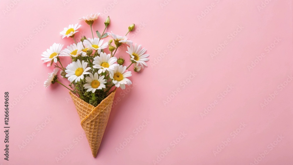 Poster a delicate bouquet of daisies nestled in a crispy waffle cone, a charming springtime arrangement on 
