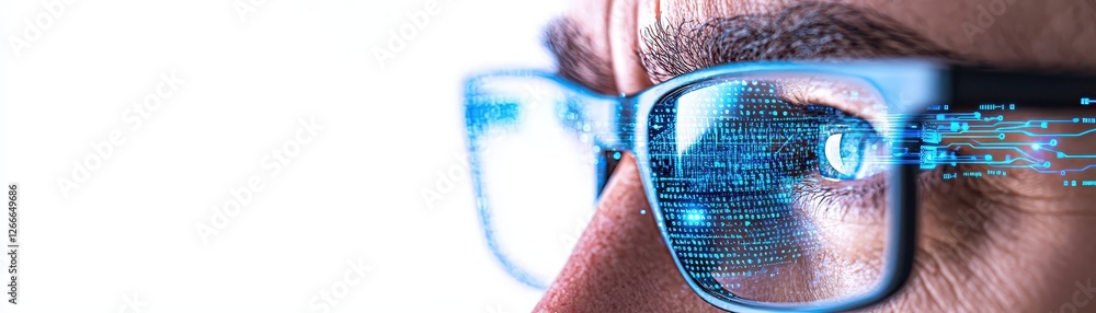 Poster man with glasses immersed in futuristic interface, exploring the future of technology