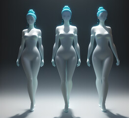 Obraz premium Abstract surrealistic illustration of glass statue several people standing in pose.Concept project.mindfulness and meditation.Futuristic. cyberpunk.innovation different types of poses.generative ai