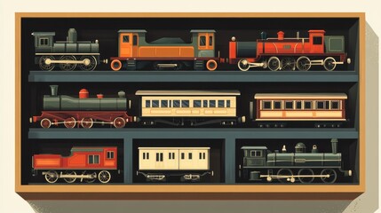 A Collection Of Vintage Toy Trains In A Wooden Case
