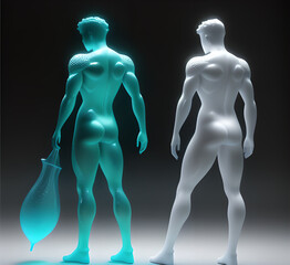 Abstract surrealistic illustration of glass statue several people standing in pose.Concept project.mindfulness and meditation.Futuristic. cyberpunk.innovation different types of poses.generative ai